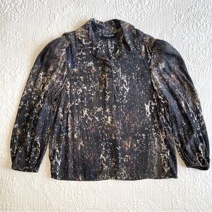 DAVID LERNER New York Black Spattered Long Sleeve Collared Popover Blouse Small